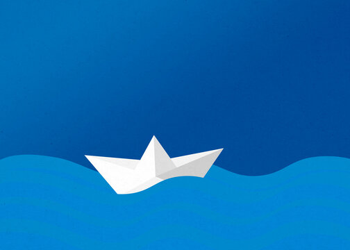 Paper boat floating on blue ocean waves illustration