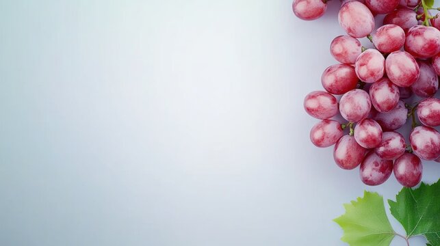 Red grapes with green leaves on light blue background