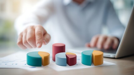 Businessperson Analyzing Colorful Pie Charts and Data in Office Setting
