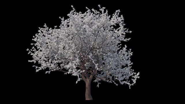 White Sakura Blossom with Moderate Wind and Alpha Channel (ProRes, 4K).  3D generated looping FX animation footage
