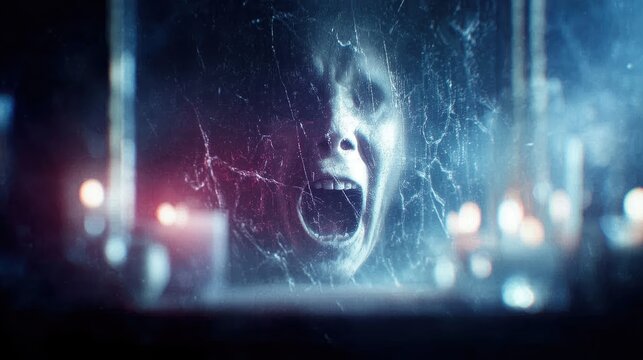 Haunted mirror with ghostly screaming face trapped behind cracked glass in candlelit dark room eerie horror supernatural reflection cursed object halloween scary haunted house atmosphere
