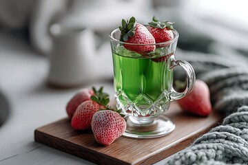 Savoring green tea with strawberries in a cozy home setting, captured in a relaxed atmosphere with natural light for a tranquil food photography shot.