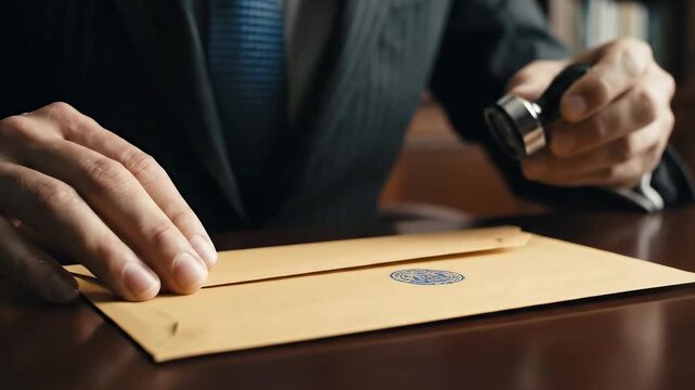 Professional stamping an official seal on a business envelope