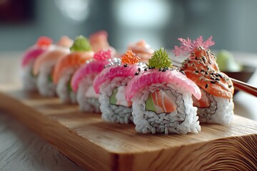 Savoring fresh sushi delicacies in an upscale restaurant setting, captured in close-up for a luxurious culinary art experience.
