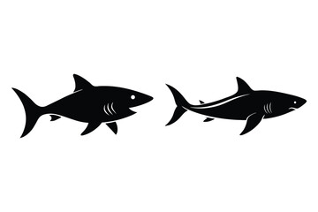 Two black shark silhouettes with one showing mouth and eye on white background animal