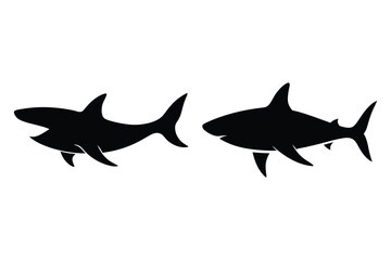 Obraz premium Two black shark silhouettes with open mouths on white background animal marine