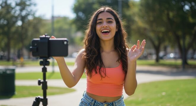 Creating engaging vlogs young woman filming in park lifestyle content outdoor natural light