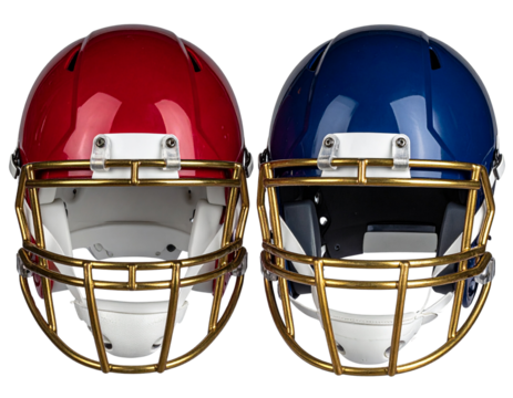  Two American Football Helmets Facing Each Other Red and Navy Blue Glossy Finish Gold Facemasks A I G E N E R A T E D - P N G isolated on a transparent backgroun (3)