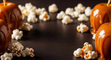 Caramel apples and popcorn on dark background, showcasing a sweet treat perfect for movie night or autumn celebrations, creating a cozy and delicious mood