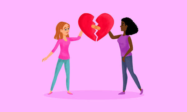Two figures holding halves of a broken heart symbolizing forgiveness