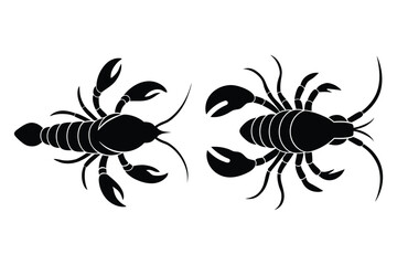 Two Black Silhouette Lobsters Facing Opposite Directions on White Background crustacean