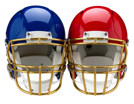 Two American Football Helmets Facing Each Other Red and Navy Blue Glossy Finish Gold Facemasks A I G E N E R A T E D - P N G isolated on a transparent backgroun