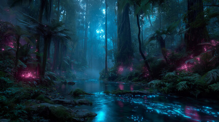 A vast river winding through a lush forest filled with towering bioluminescent trees, surreal glowing plants.
