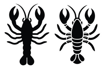 Two Black Silhouette Lobsters Facing Opposite Directions on White lobster, silhouette