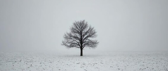 A stark and beautiful minimalist video of a single bare tree standing alone in an endless, snow-covered landscape. The simple composition evokes feelings of solitude, peace, and quiet beauty. - Powered by Adobe