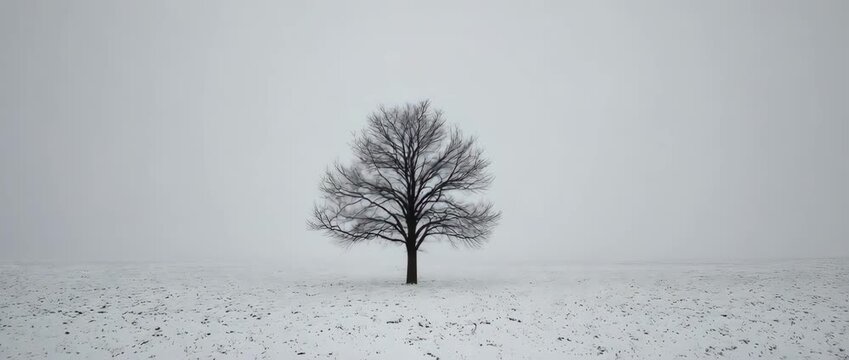 A stark and beautiful minimalist video of a single bare tree standing alone in an endless, snow-covered landscape. The simple composition evokes feelings of solitude, peace, and quiet beauty.