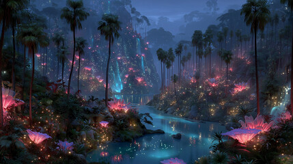 Wide shot , Amazing river winding through a lush jungle filled with towering bioluminescent trees, surreal glowing plants.