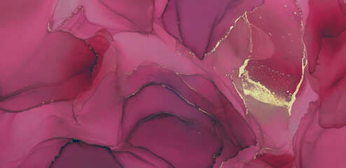 Art wall painting pink burgundy toned and golden splashes.