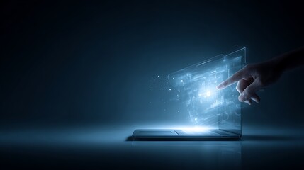 Futuristic Human Hand Touching Transparent Digital Interface with Glowing Lights in Dark Environment