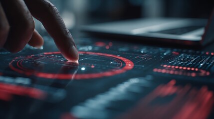 Futuristic Digital Interface with Red Circular Elements on Touchscreen in Dark Environment