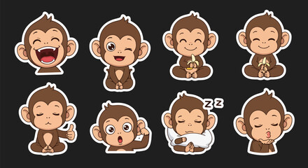 Adobe illustrator artwork vector illustration of a playful monkey character in various cute poses and expressions, ideal for stickers, children's products, and fun designs © Amie
