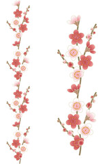 紅白の梅の花が並ぶ和風ライン素材のベクターイラスト｜紅梅, 白梅,梅の花, 縦ライン, 和柄, 正月, 年賀, 春, 和風, 装飾, 花柄