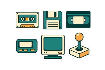 Retro technology icons featuring cassette tapes, floppy disks, VHS tapes, and a computer monitor with joystick in a simple design
