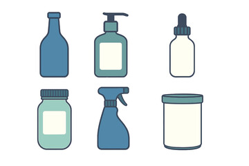 Collection of various skincare and cleaning product containers in minimalist design on white background