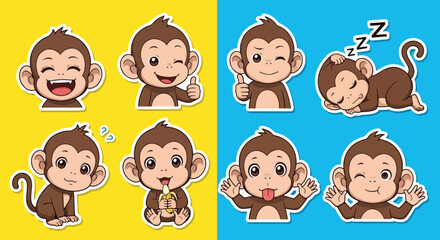 Adobe illustrator artwork vector illustration of a playful monkey character in various cute poses and expressions, ideal for stickers, children's products, and fun designs © Amie