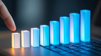 Digital Bar Chart with Glowing Blue and White Bars on Laptop Keyboard