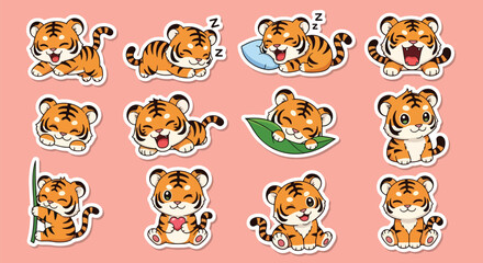 Adobe illustrator artwork vector illustration of a cute baby tiger character in various playful and adorable poses, perfect for children's books, jungle themes, and charming sticker designs
