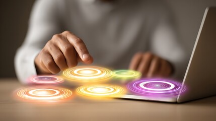 Person Using Digital Touchscreen with Colorful Circular Interface on Laptop in Modern Office