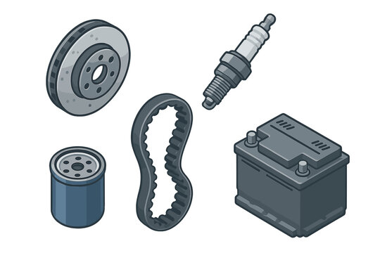Car maintenance parts including brake disc, spark plug, oil filter, timing belt, and battery displayed in a clear layout