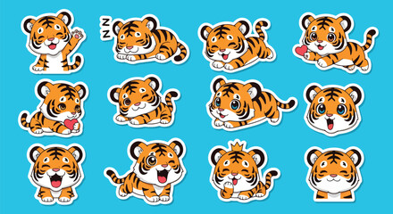 Adobe illustrator artwork vector illustration of a cute baby tiger character in various playful and adorable poses, perfect for children's books, jungle themes, and charming sticker designs
