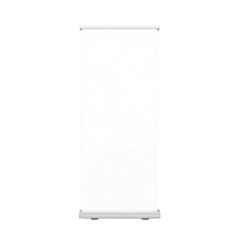 Blank white roll up banner stand displaying a clean and empty advertising space on black background