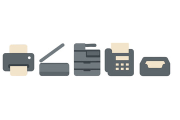 Office equipment icons showing printer, scanner, photocopier, fax machine, and document holder for workplace tasks
