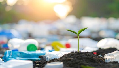 Small green sprout grows amidst scattered plastic bottles and debris, bathed in sunlight