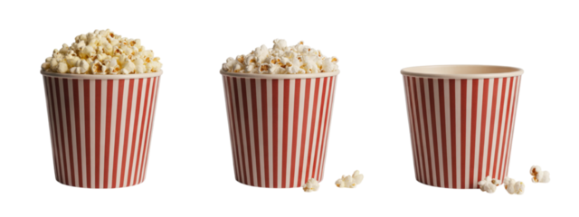 Movie night snack time featuring popcorn buckets in various stages of fullness, perfect for illustrating the joy of cinema and snack consumption, great for advertisements and editorial use