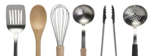 Essential kitchen tools gleaming in a modern culinary setup, featuring a spatula, wooden spoon, whisk, ladle, tongs, and skimmer, perfect for cooking blogs and lifestyle designs