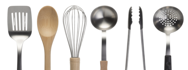 Essential kitchen tools gleaming in a modern culinary setup, featuring a spatula, wooden spoon, whisk, ladle, tongs, and skimmer, perfect for cooking blogs and lifestyle designs