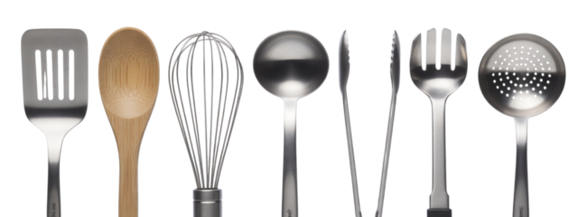 Elevate your culinary space with this modern kitchen utensil set, showcasing stainless steel and bamboo tools for cooking, baking, and serving delicious meals at home or professionally