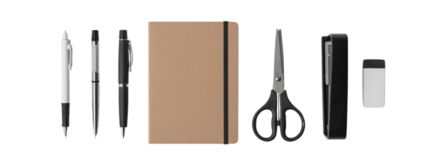 Office essentials flat lay for creative projects and organizing tasks, featuring pens, notebook, scissors, stapler, and eraser, ideal for students and professionals seeking inspiration