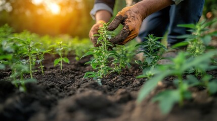 Gloved Hands Tending Green Plants in Soil