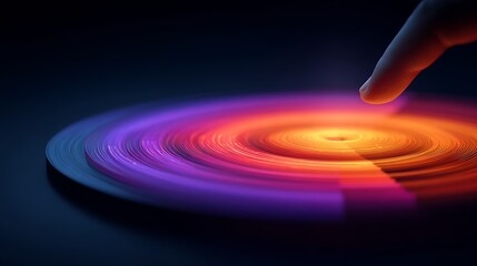 Futuristic Touchscreen Interface with Vibrant Circular Light Patterns and Finger Interaction