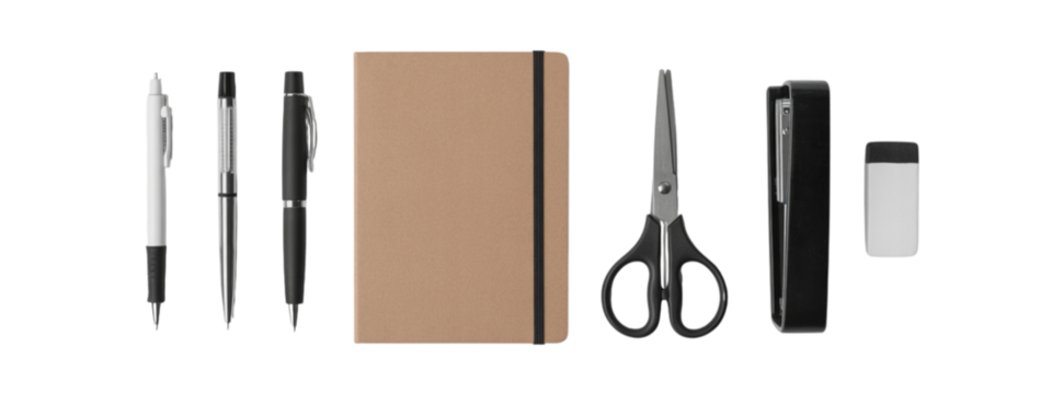 Office essentials flat lay for creative projects and organizing tasks, featuring pens, notebook, scissors, stapler, and eraser, ideal for students and professionals seeking inspiration