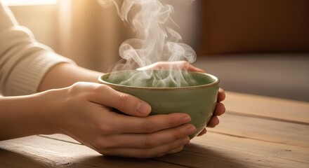 A person's hands gently holding a warm green bowl of steaming hot soup or tea on a wooden table.