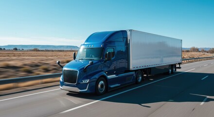 Long-haul truck journey open highway vehicle clear skies dynamic perspective transportation efficiency