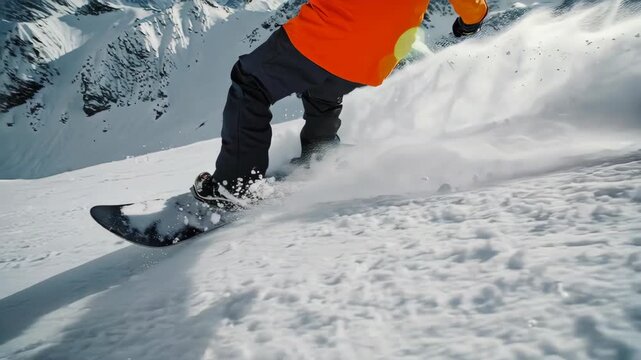 An exciting and immersive first-person view of a snowboarder or skier speeding down a mountain covered in fresh powder snow.