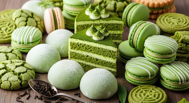 An assortment of delicious green tea matcha desserts including cake slices, macarons, mochi, and cookies.