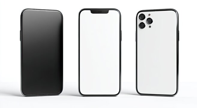 Three smartphone mockups on white background, showcasing black, white, and blank screen variations, demonstrating design versatility